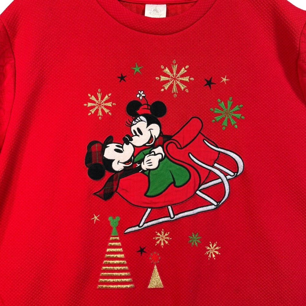 Disney Sweatshirt 2XL Red Mickey Minnie Sleigh Holiday Quilted Cable Knit Ears